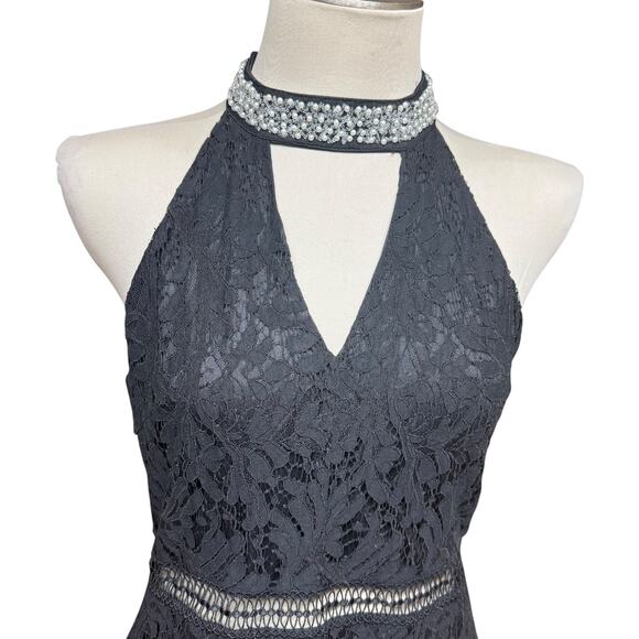 Francesca's Lace Cutout Mini Cocktail Dress Pearl Beaded Choker Black Large - Picture 2 of 5